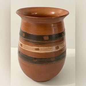 Vintage Artist Signed Pottery Vase w/ Stripe Design 6” H x 4” Diameter